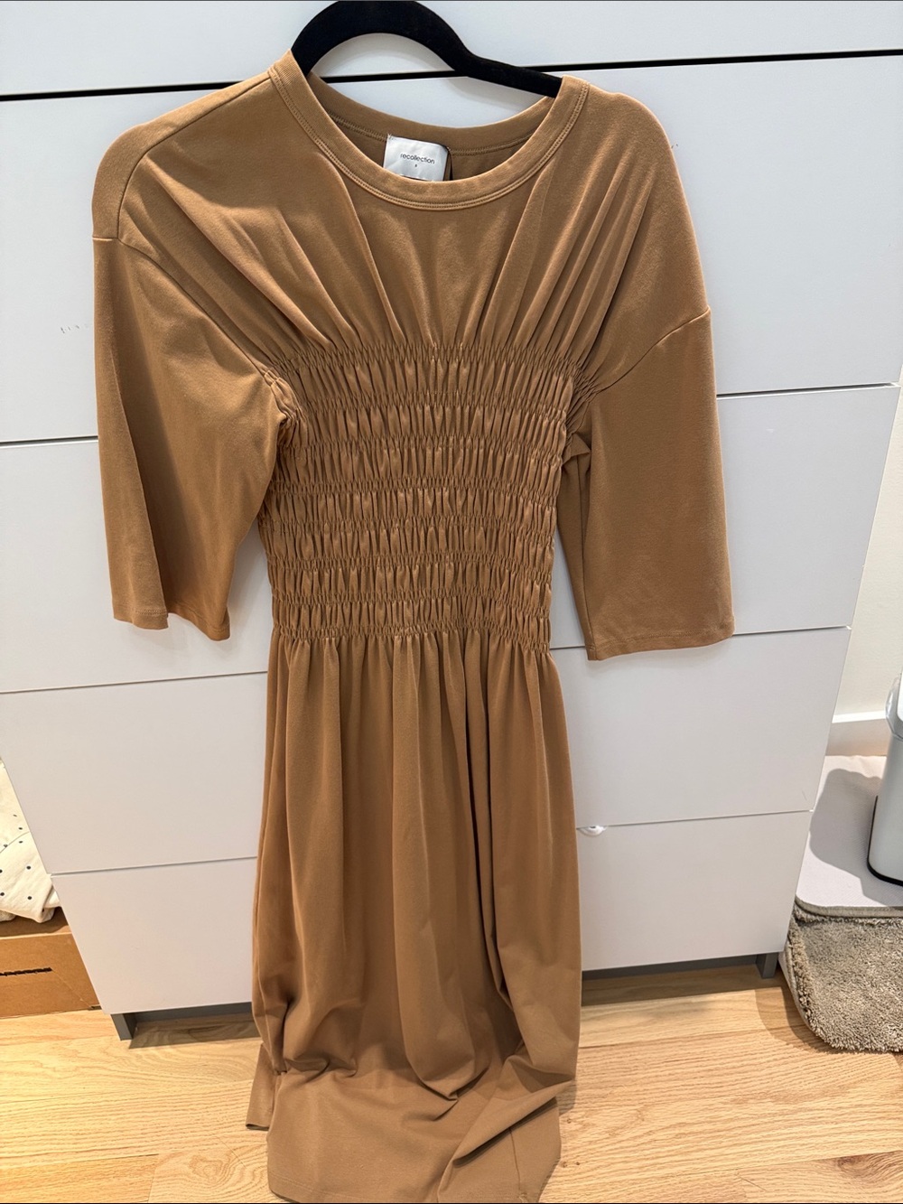 Smocked Waist Midi Dress in Camel